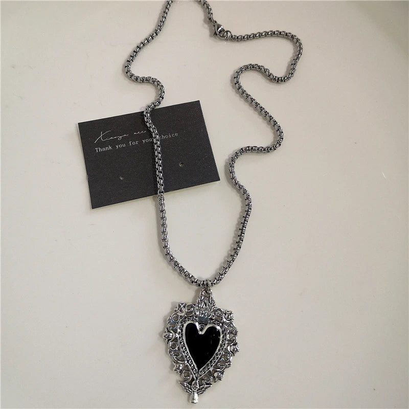 Punk Rock Goth Black Heart Cross Pendant Chain Necklace