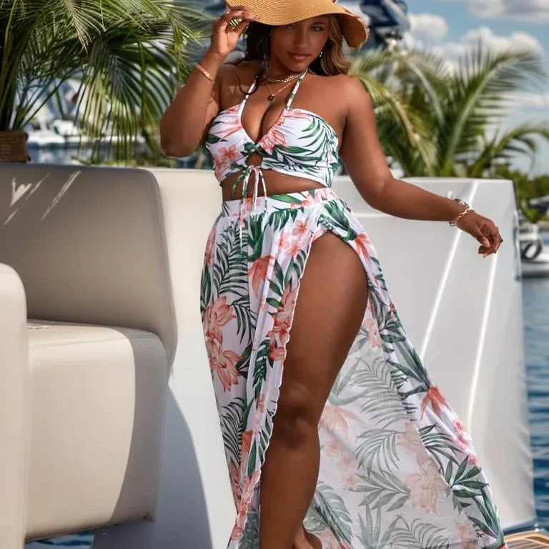 Plus Size Halter Bikini Long Skirt 3 Piece High Waist Swimsuit