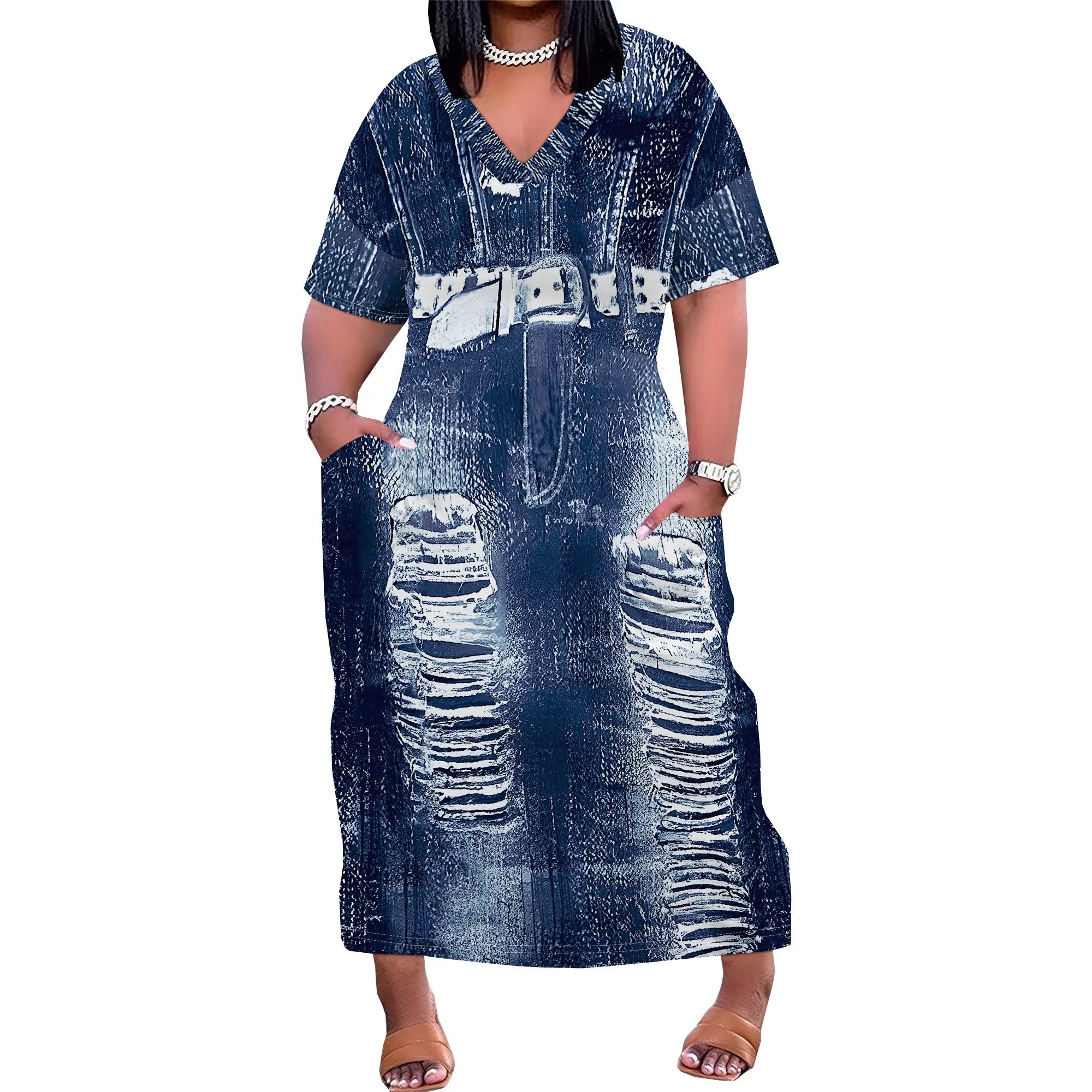 Plus Size Denim 3D Print Maxi Dress