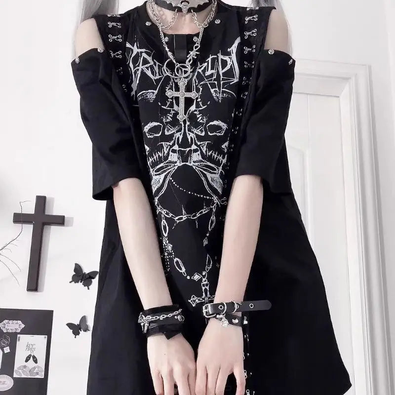 Gothic Short Sleeved Off Shoulder T-shirt
