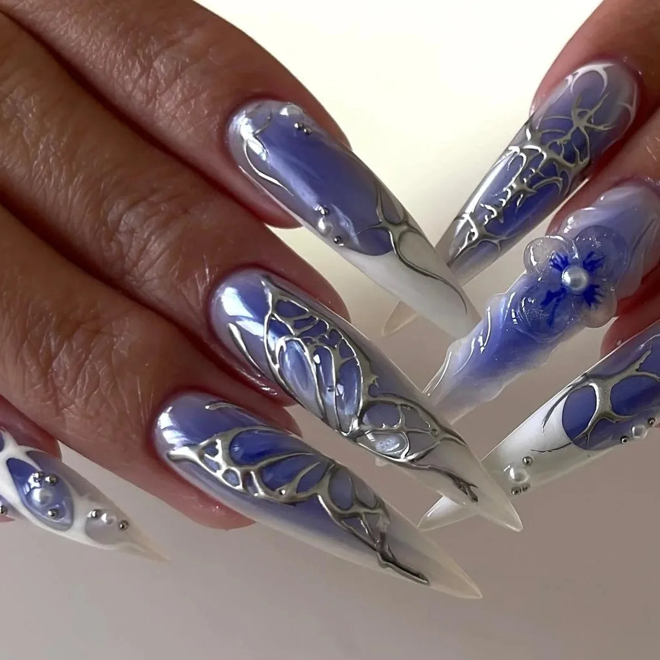 24Pc Black Butterfly Diamond Halloween Long Almond Press on Nails Tips
