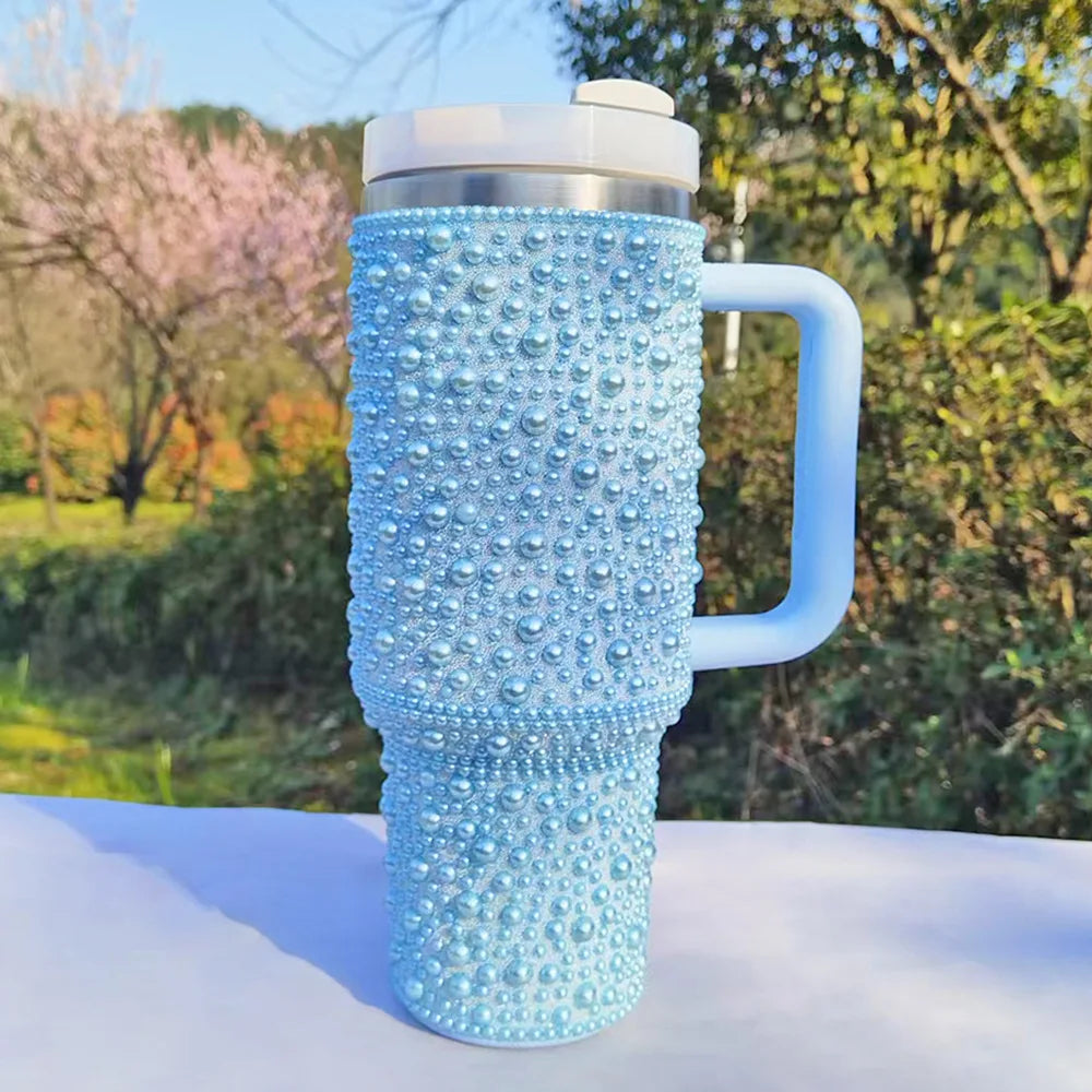 Pearls Bling 40oz Tumbler with Handle and Straw Stainless Steel