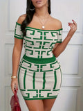 Geometric Print Women's Two Piece Off Shoulder Short Sleeve Top & High Waist Mini Skirt