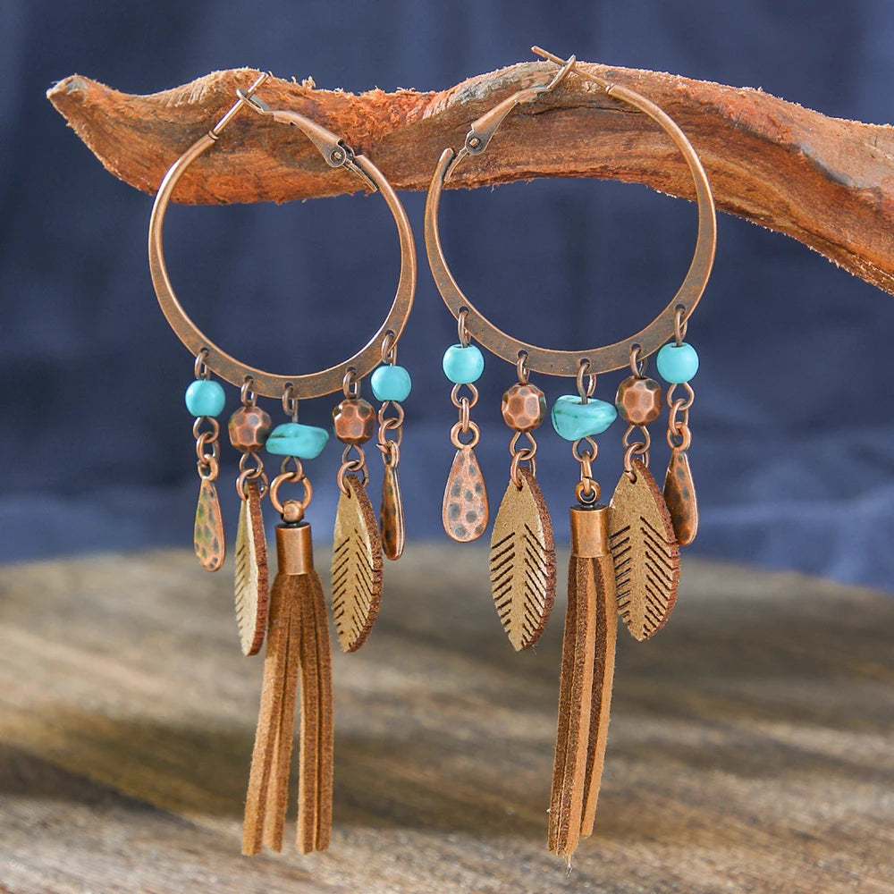 Vintage Boho Long Hook Tassel Leaves Earrings