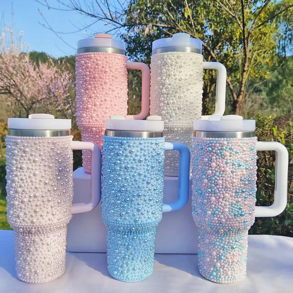 Pearls Bling 40oz Tumbler with Handle and Straw Stainless Steel