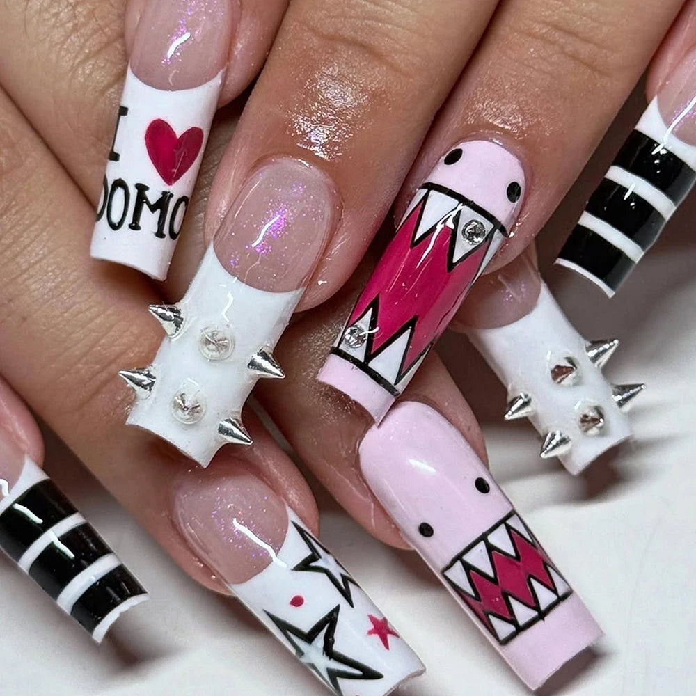 10Pcs/Set Handmade Y2K Long Square White French Press on Nails