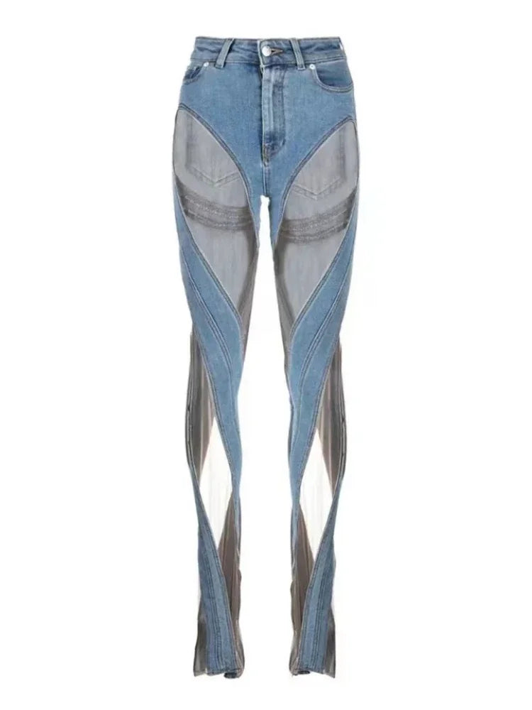 Sexy Cowboy Mesh Patchwork High Waist Blue Jean
