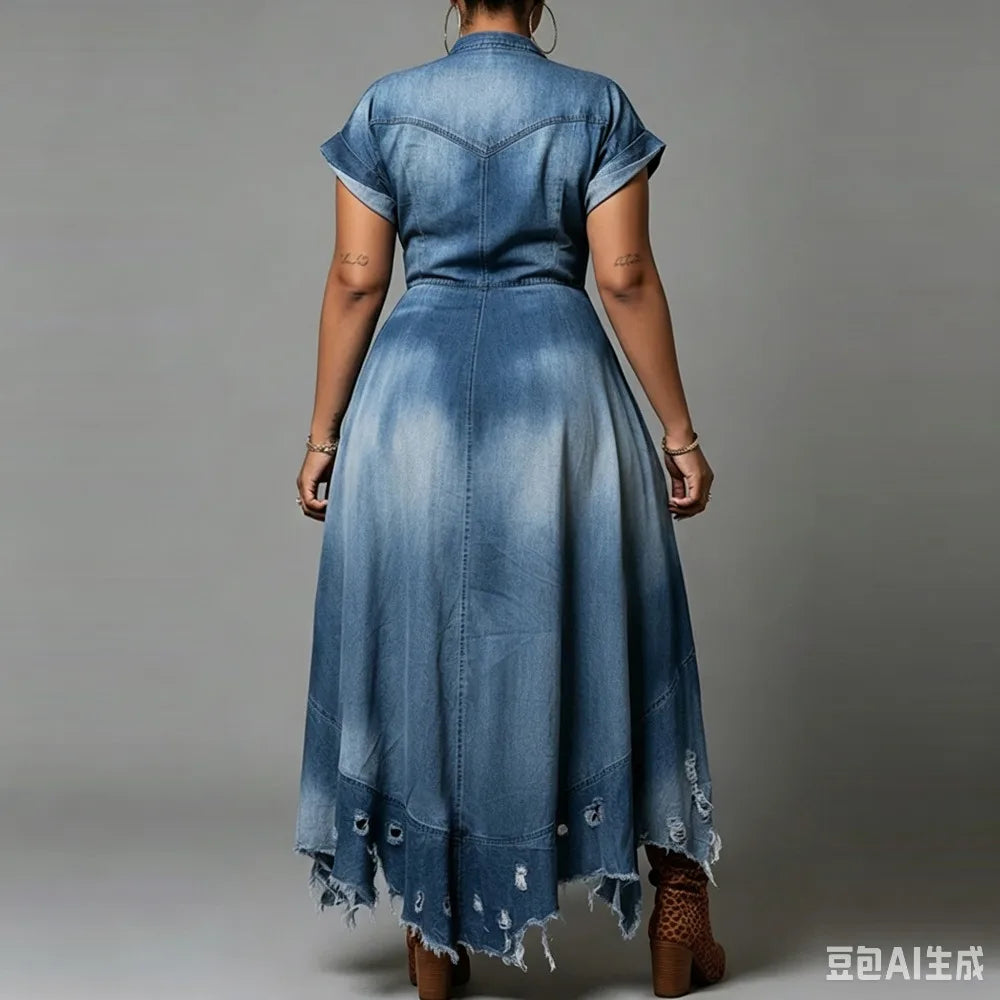 Plus Size Distressed Denim Maxi Dress V-Neck Short Sleeve High Low Hem Ripped Jean Dress