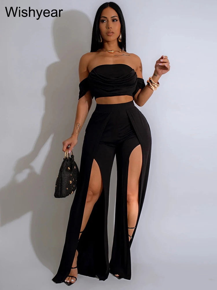 Strapless Crop Tops and High Split Wide Leg Pants