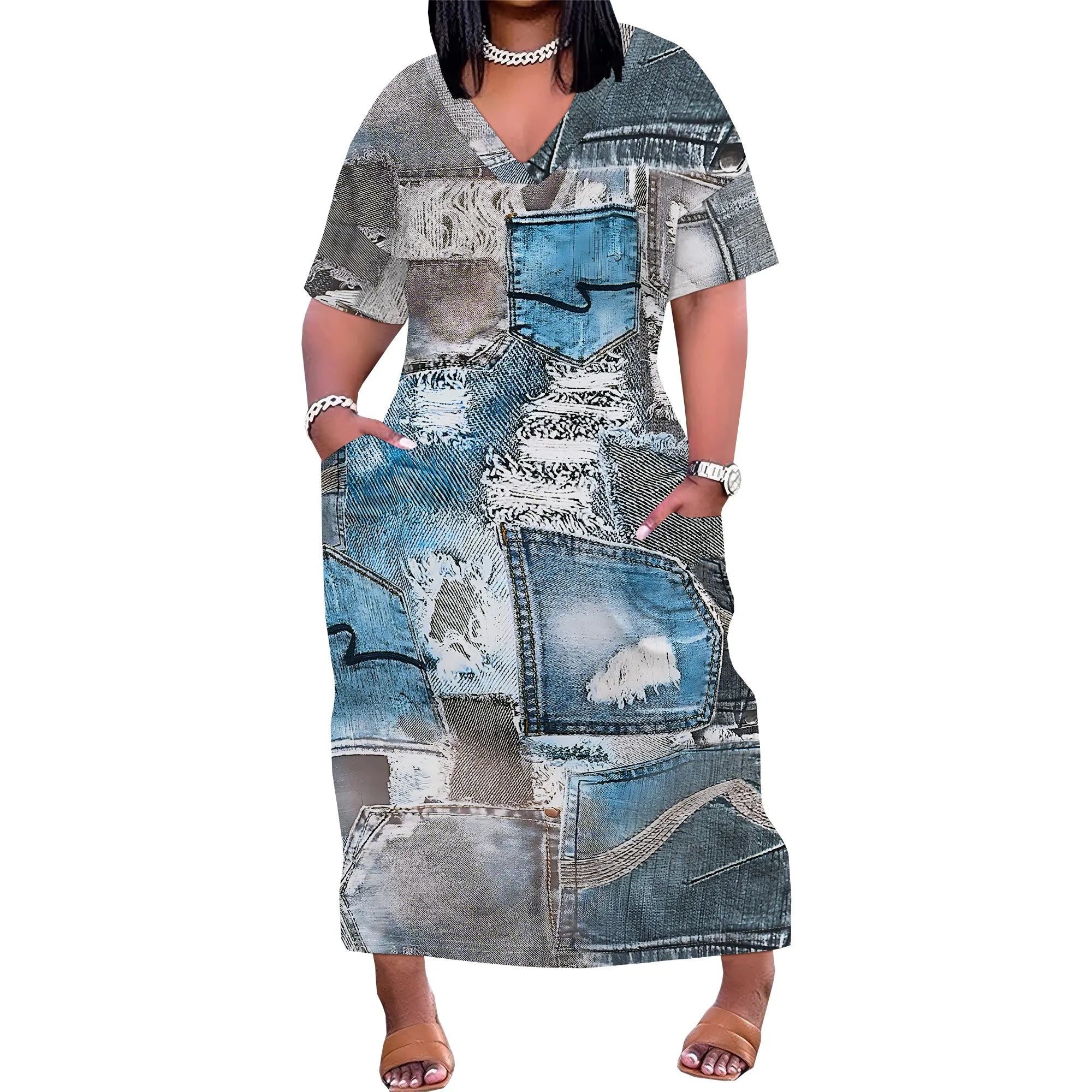 Plus Size Denim 3D Print Maxi Dress