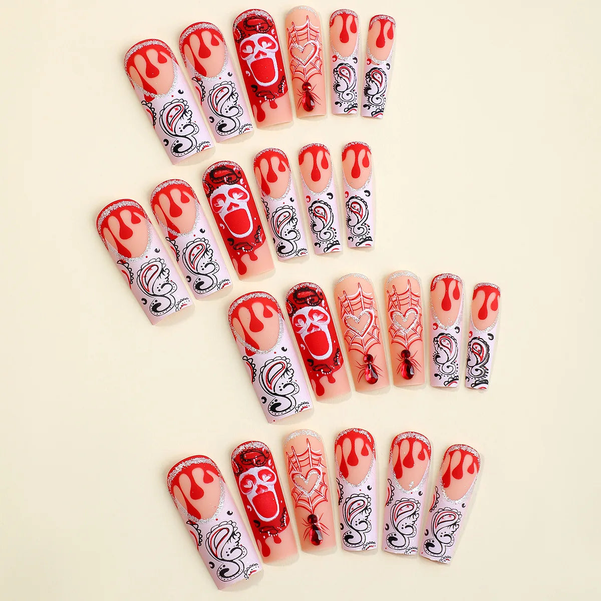Scary Blood Skull Long Coffin Ballet Halloween Press on Nails