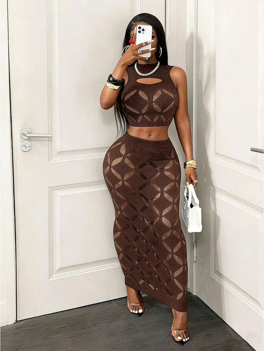 2PCS Women's See Through Mesh Hollow Out Crop Tank & High Waist Bodycon Mini Skirt