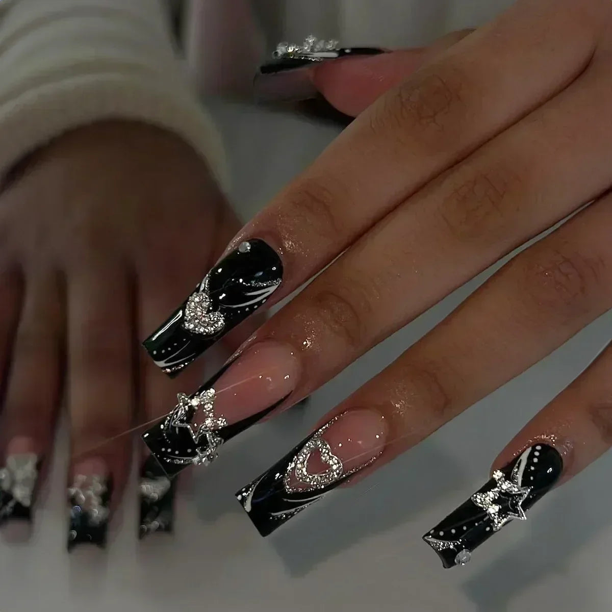 24Pc Long Ballet False Nails Pink Butterfly with Rhinestones French Design