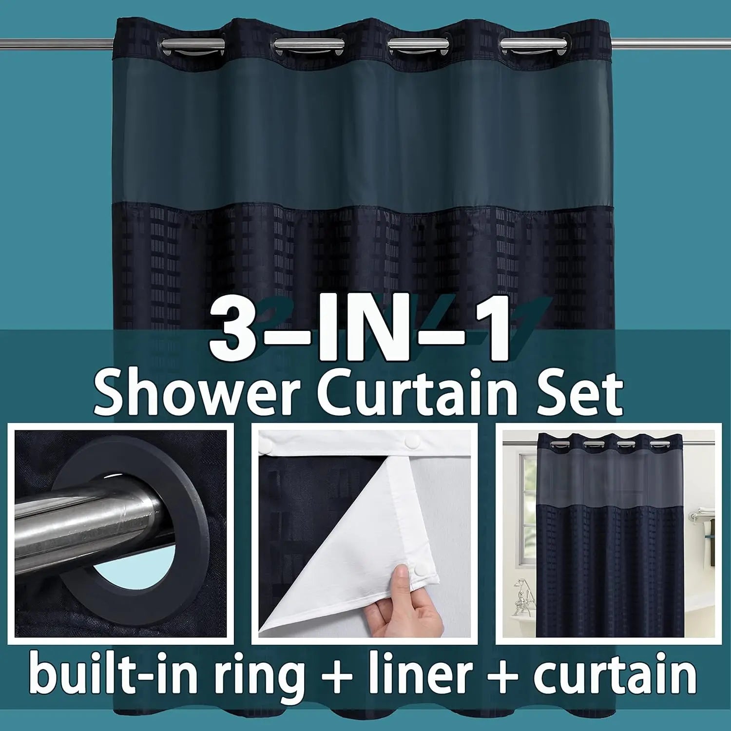 No Hooks Shower Curain  with Snap in Liner