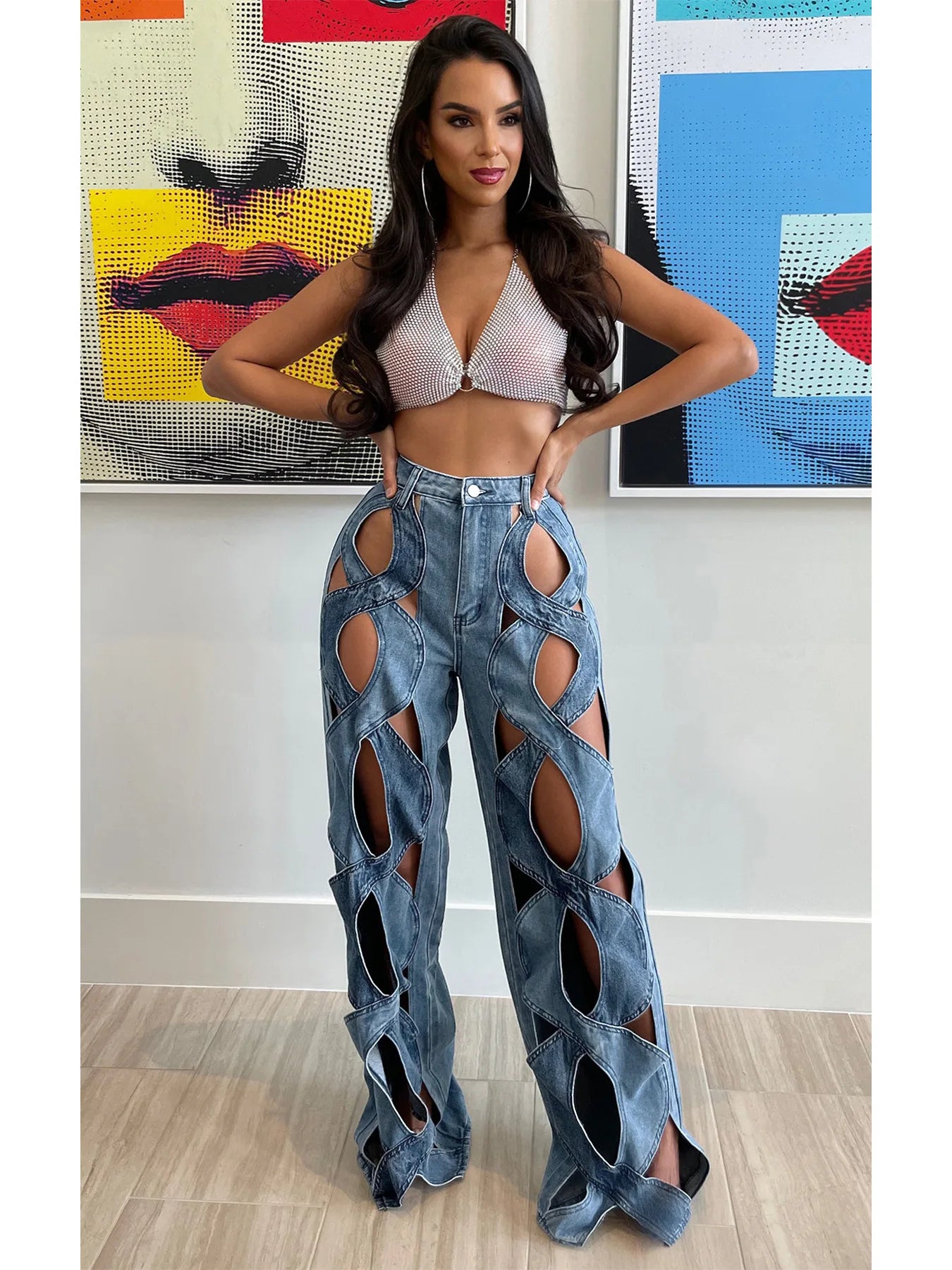 Women Vintage Cutout Hollow Out Criss Cross Straight Denim Pants