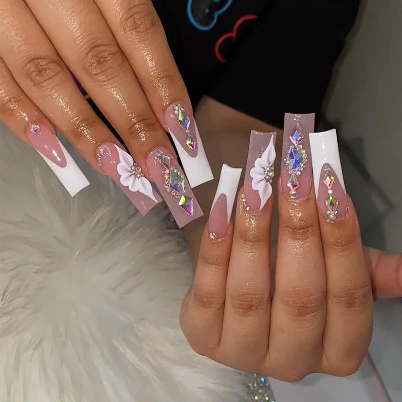 24Pc Long Ballet False Nails Pink Butterfly with Rhinestones French Design