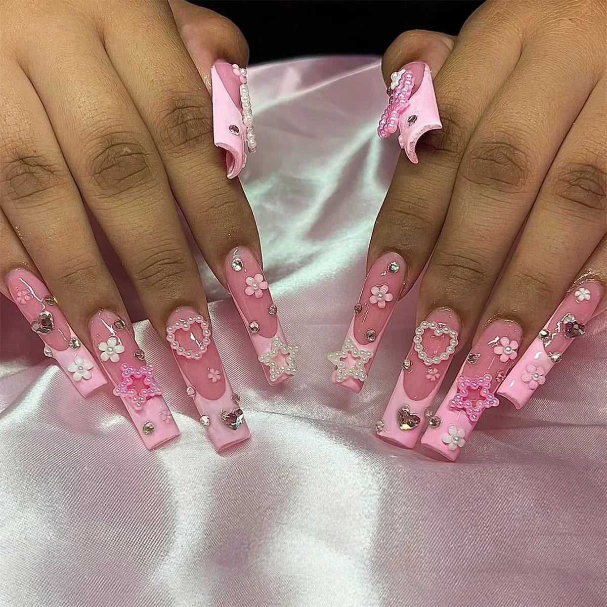 24Pcs Long Coffin Rhinestones Ballet Press on Nails