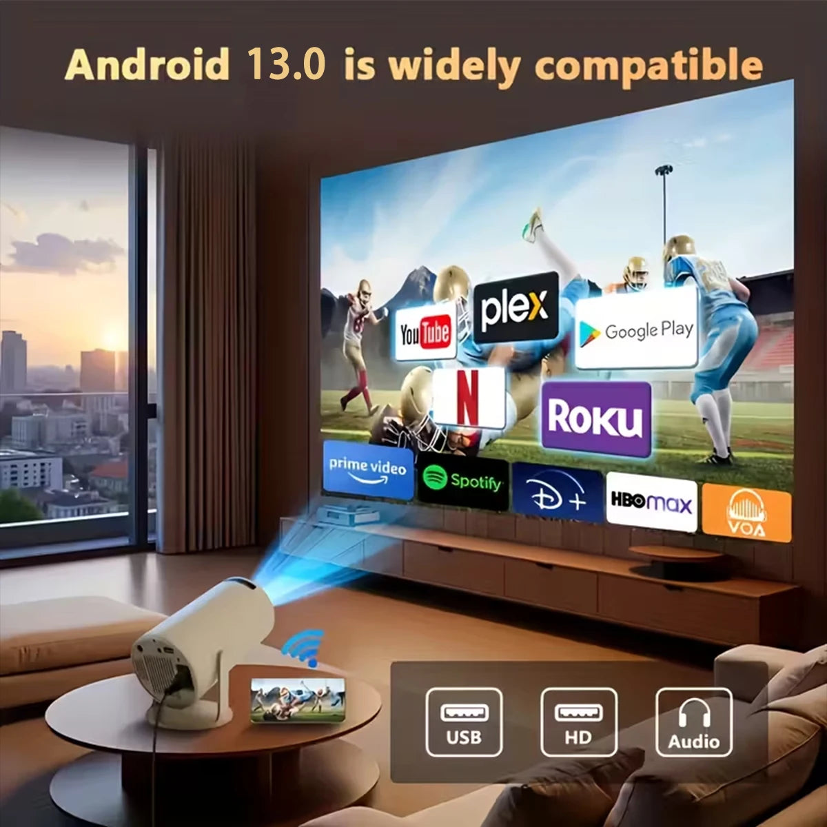 MAOHUTER Projector Z10 Pro 300ANSI 4K Decoding 720P Native Android 13WIFI6 BT5.0 180° Degree Rotation Home Cinema Projector