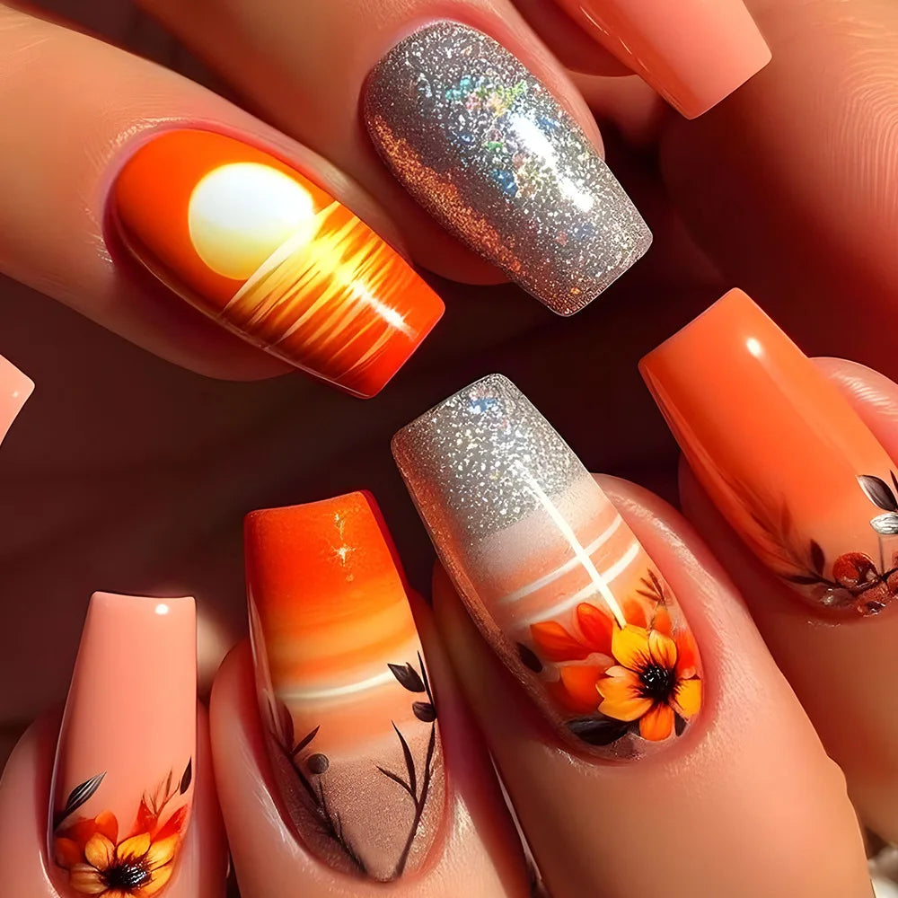 24pc Press on Nails Flower Design Mid-length Ballet