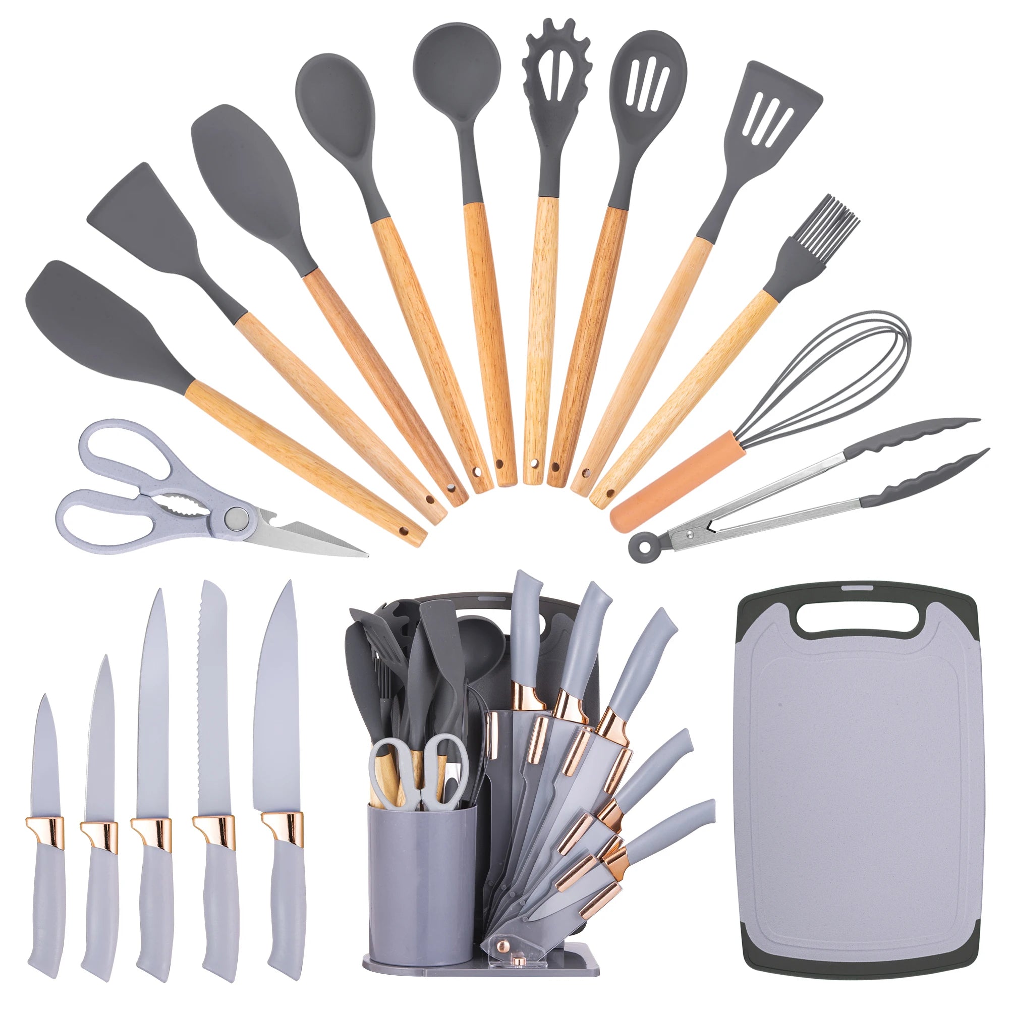 19Pc Professional Kitchen Knife Set with Silicone Cooking Utensils & Cutting Board