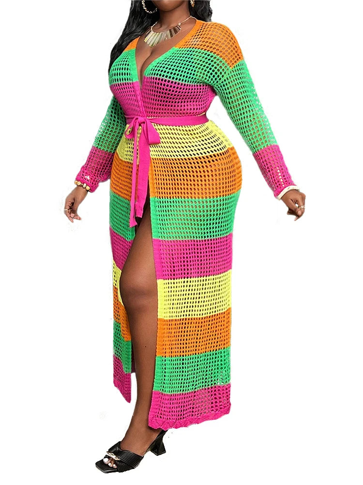 Plus-Size Color-Block Crochet Cardigan Bikini Cover-up