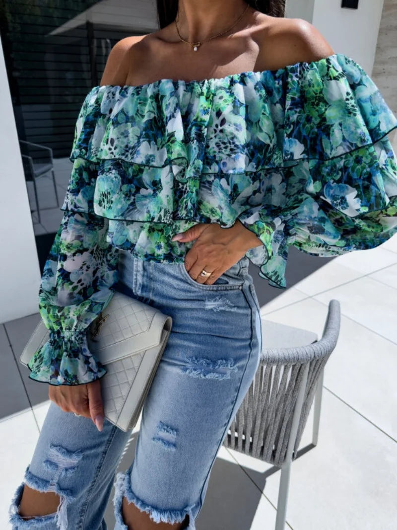 Women's Off Shoulder Floral Print Blouse with Tiered Ruffles