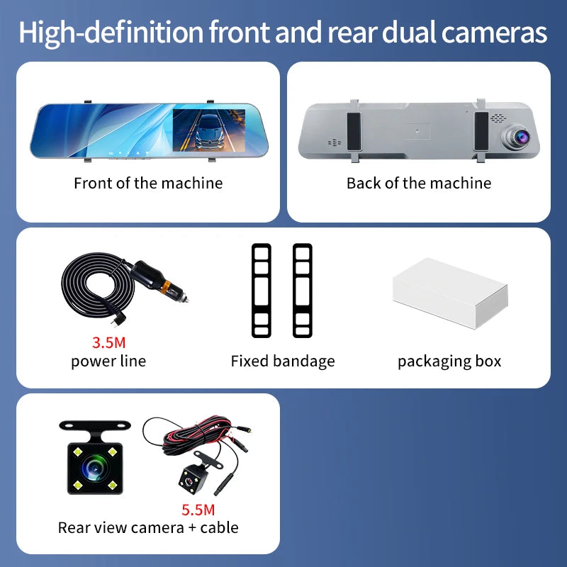 5MP Dash Cam Dual Lens Night Vision 12In DVR Rearview Mirror