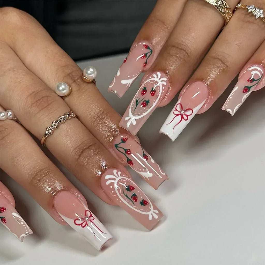 24Pc Long Ballet False Nails Pink Butterfly with Rhinestones French Design