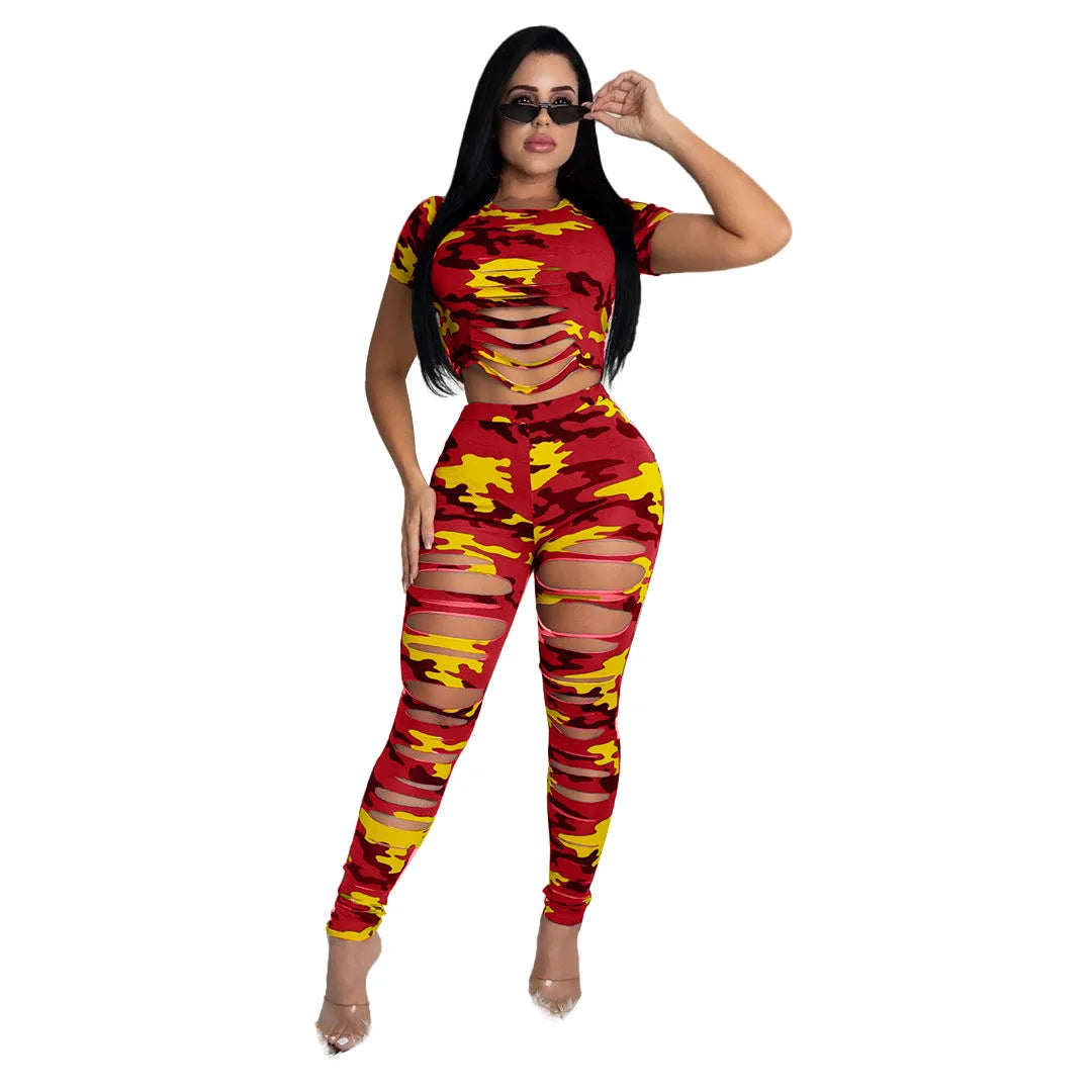Two Piece Ripped Camouflage Print Pant Sets