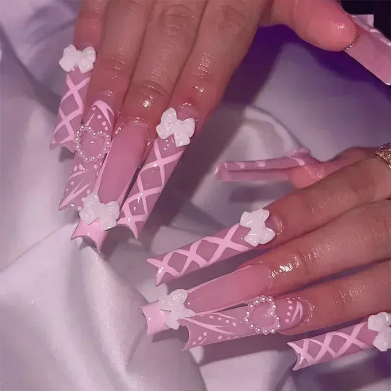 24Pc Long Ballet False Nails Pink Butterfly with Rhinestones French Design