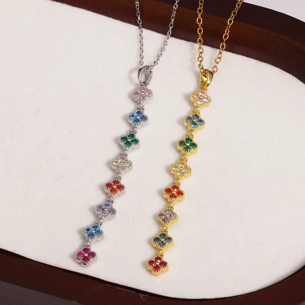 Stainless Steel Y-shaped Long Tassel Four-Leaf Flower Necklace