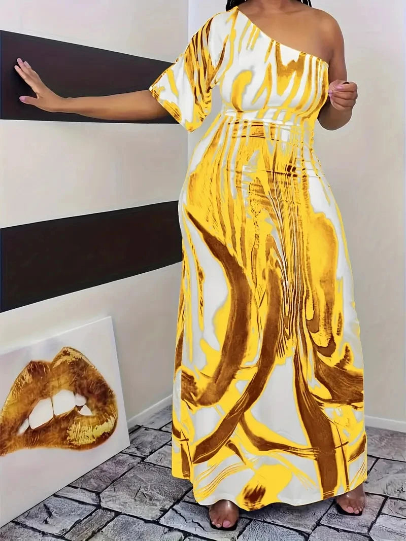 Plus Size Printed Single Sleeved Off Shoulder Dress