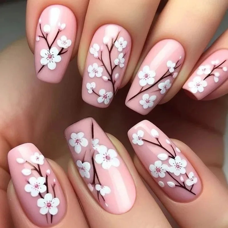 24pc Press on Nails Flower Design Mid-length Ballet