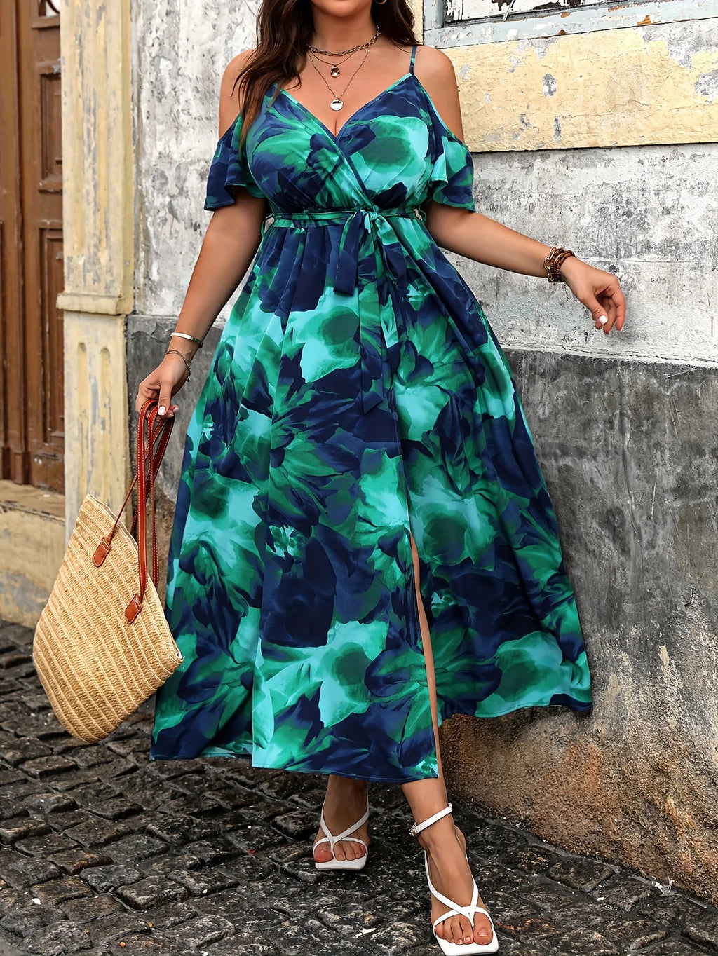 Plus Size Women's Floral Print Off the Shoulder Slip Dress