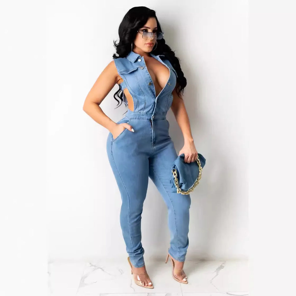 Women Spliced Washed Pencil Skinny Jean One Piece
