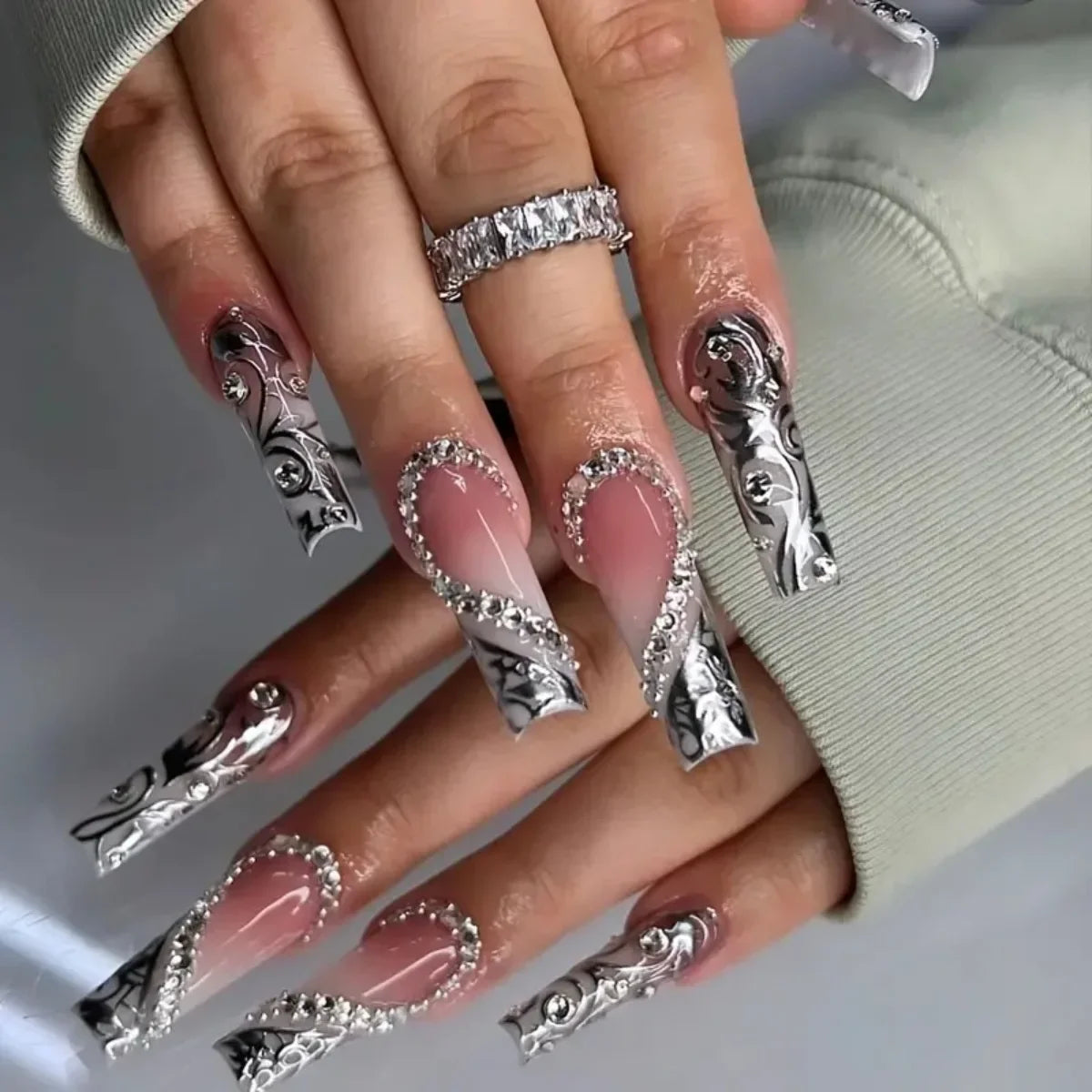 24Pcs Long Coffin Rhinestones Ballet Press on Nails
