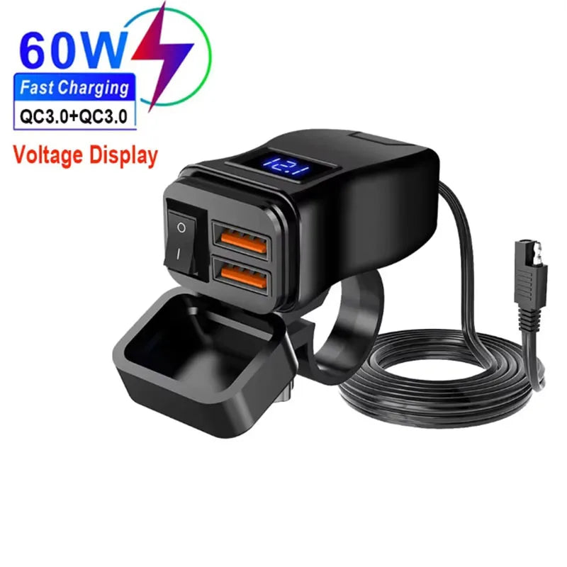 PD QC3.0 Motorcycle USB Fast Charger 60W Handlebar Dual USB Socket