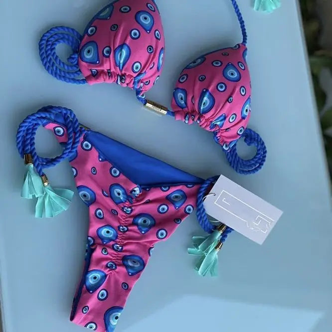 Ladies Sexy Printed Rope Bikini Split Swimsuit