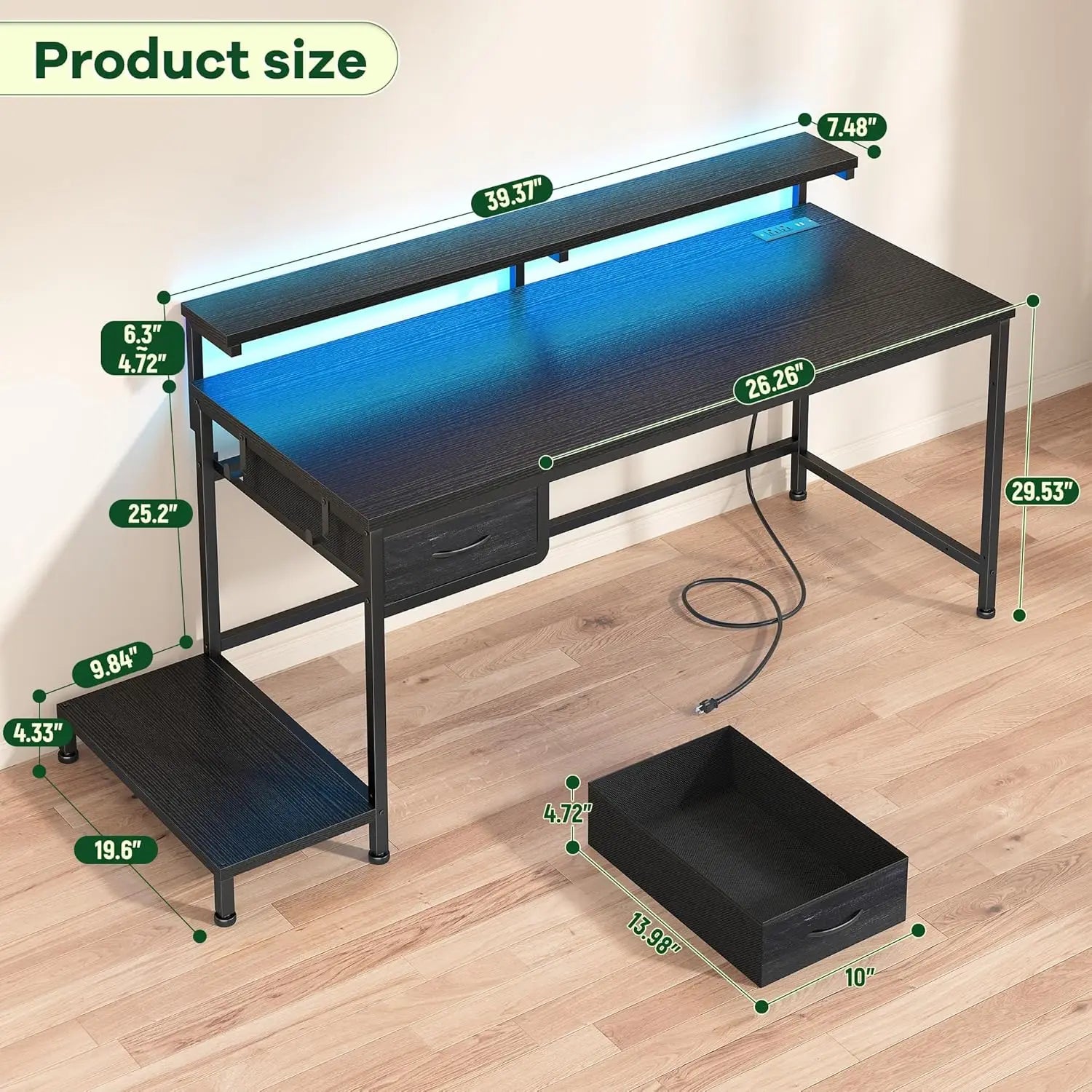 39.3" Gaming Desk with Power Outlet and LED Lights