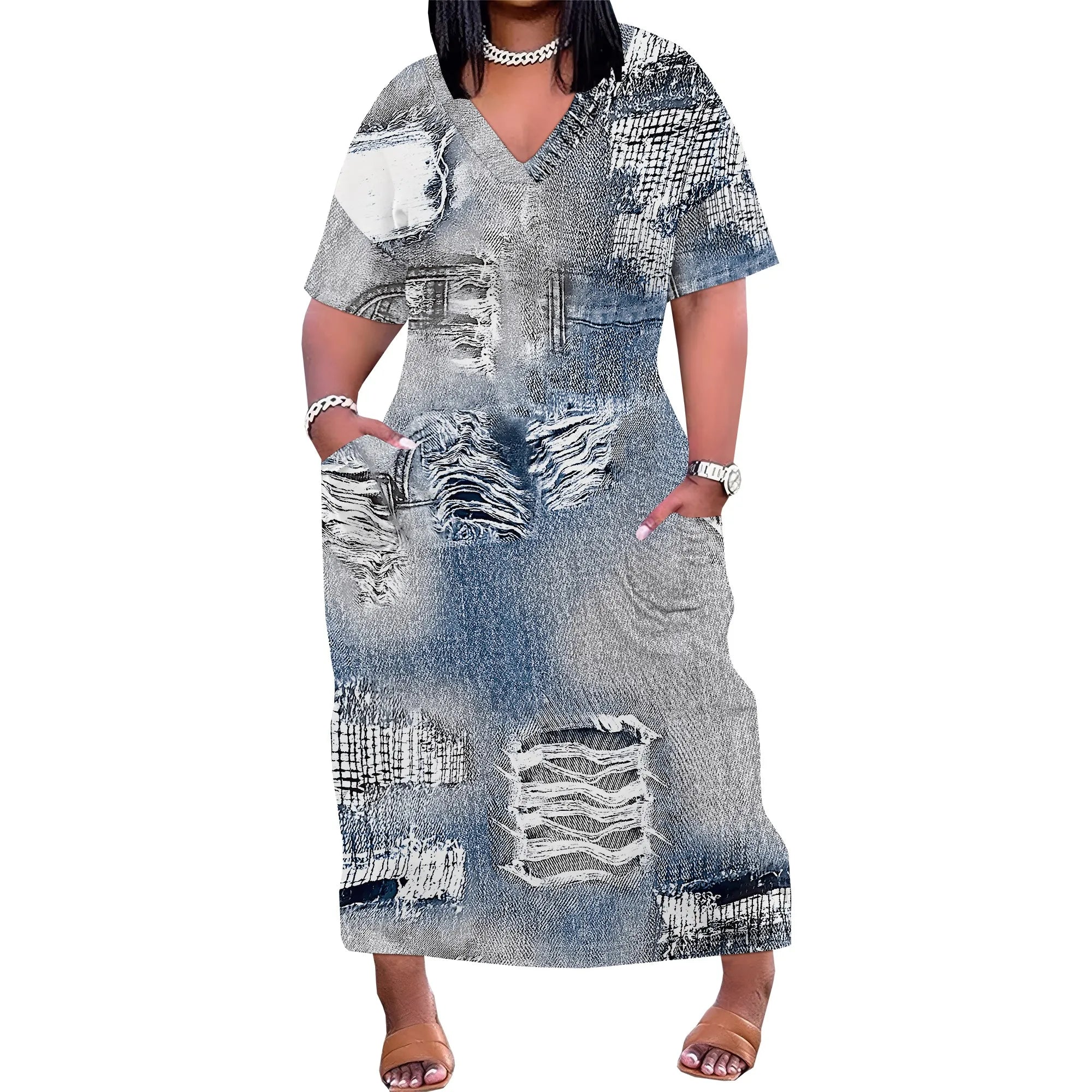 Plus Size Denim 3D Print Maxi Dress