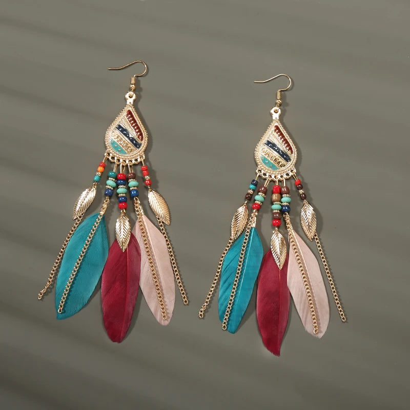 Boho Long Feather Dangle Earrings
