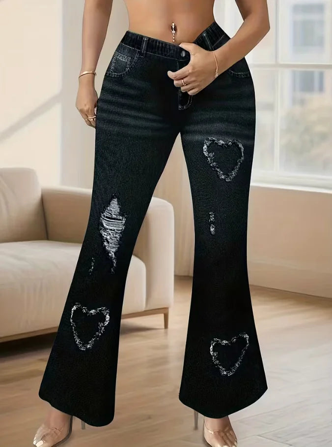 Y2K Heart Print Bell Bottom Leggings