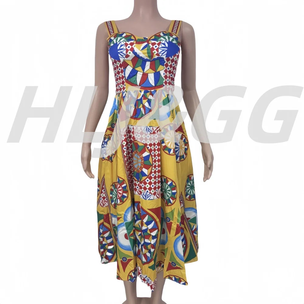 Multicolor Print Spaghetti Strap Elastic Backless Dress