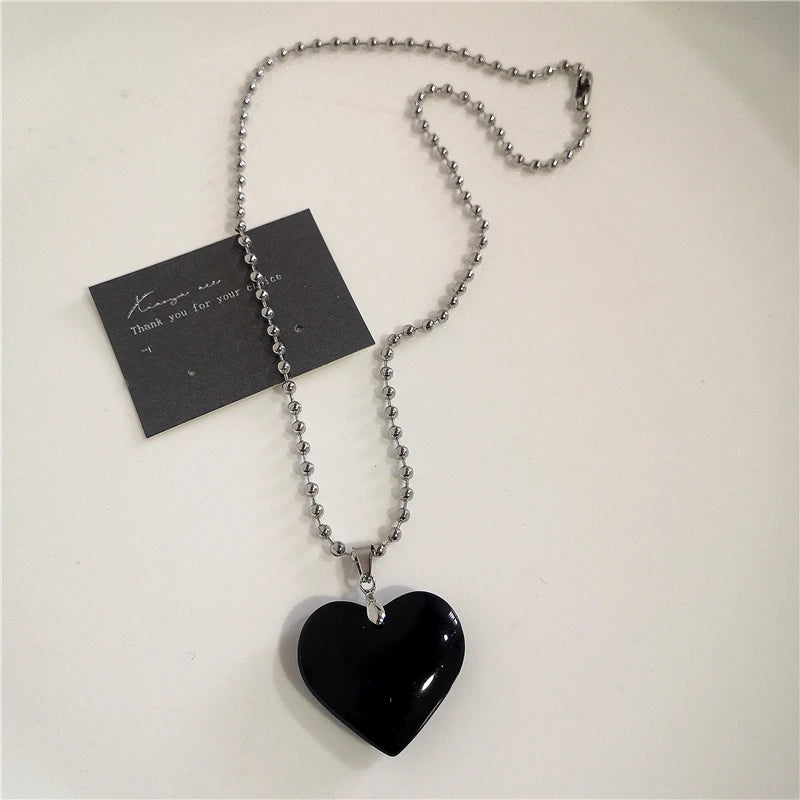Punk Rock Goth Black Heart Cross Pendant Chain Necklace