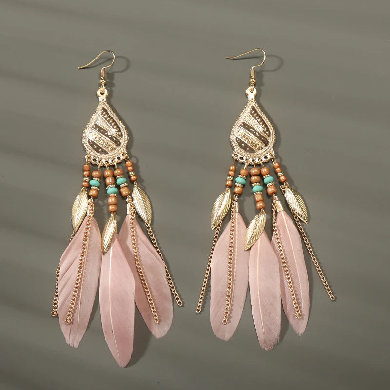 Boho Long Feather Dangle Earrings