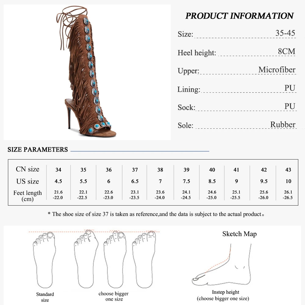 Women's Knee High Boots Fringe Strappy Sandals Open Toe Lace-up Tassels