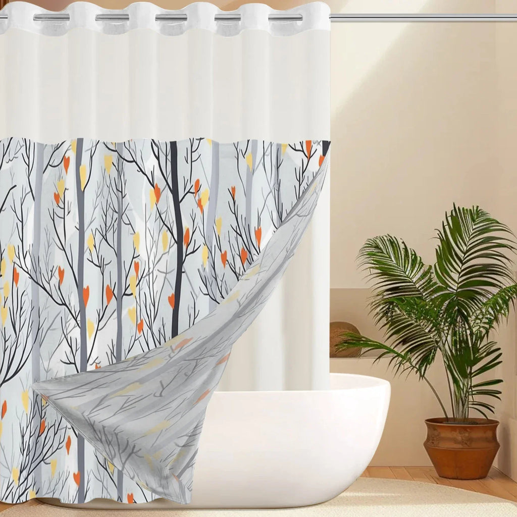 No Hook Plant Pattern Shower Curtain With Snap-in Fabric Liner