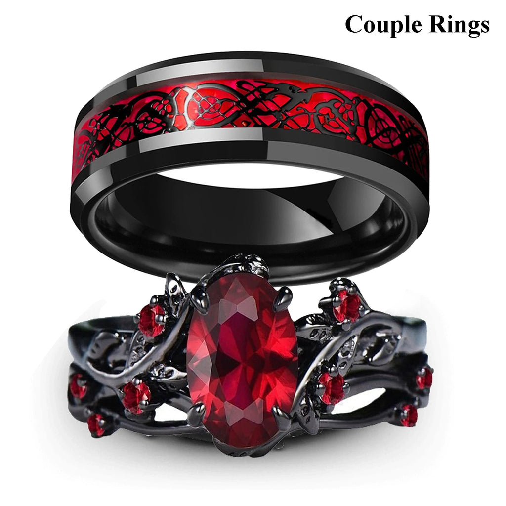 Red Rhinestones Couple Ring Set