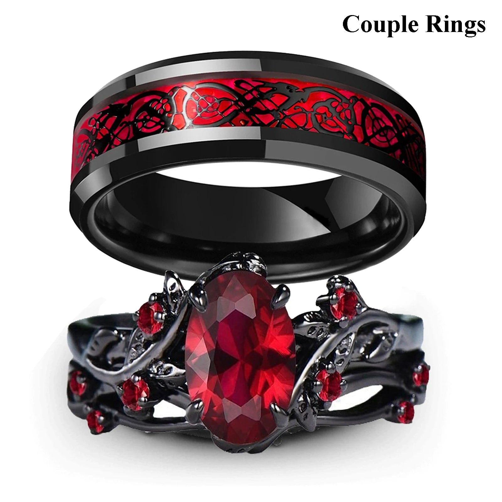 Red Rhinestones Couple Ring Set