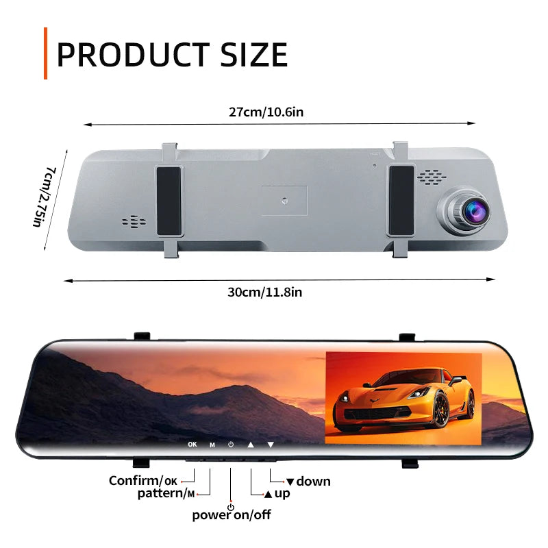 5MP Dash Cam Dual Lens Night Vision 12In DVR Rearview Mirror